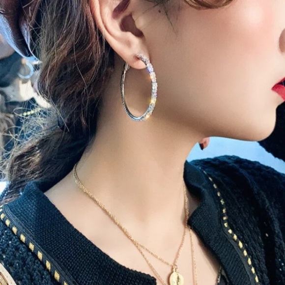 NEW 925 White Sapphire Silver Hoop Earrings - Picture 3 of 5